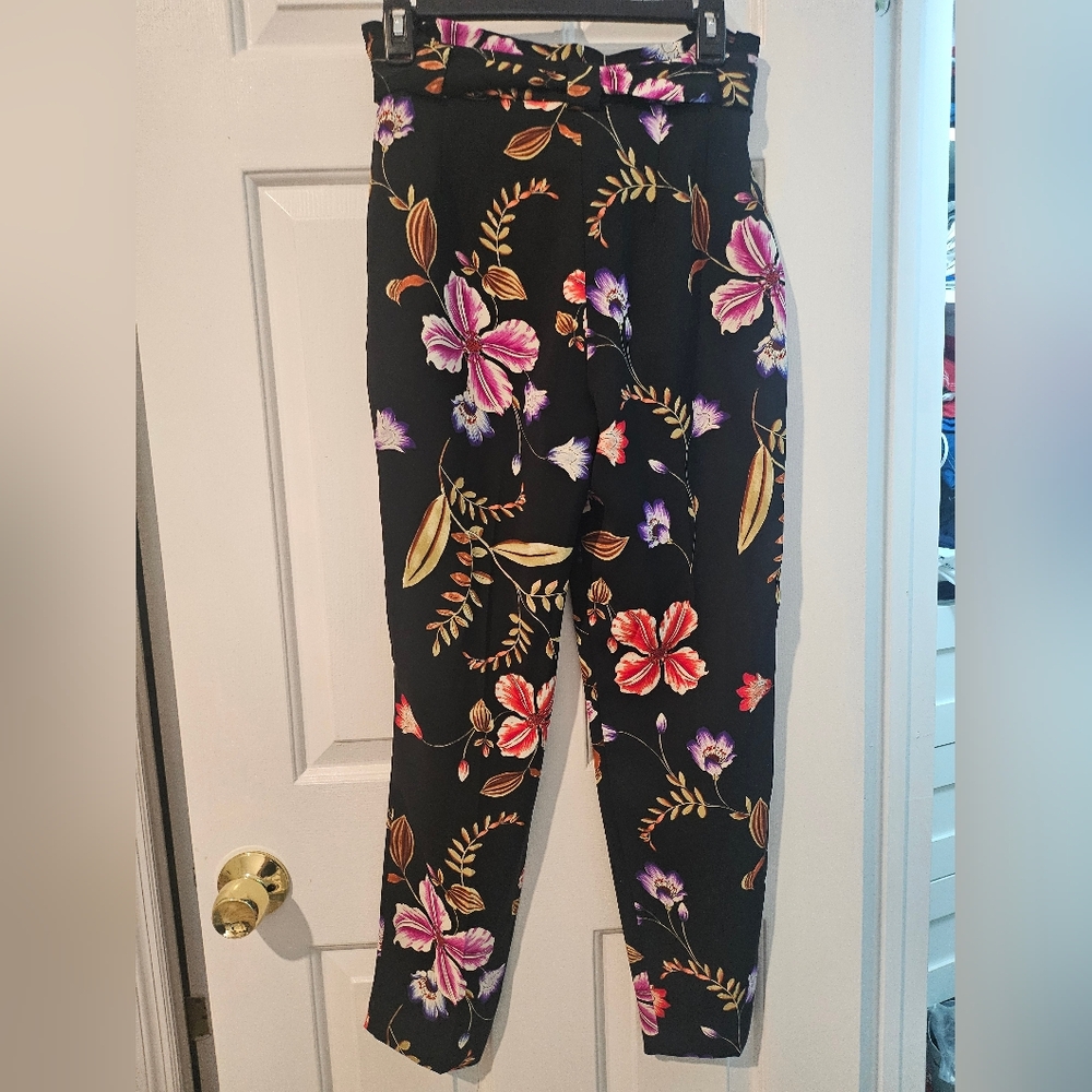 Express Black Floral Paperbag Pants with Orange-Gold Leaf Detail - Picture 3 of 5